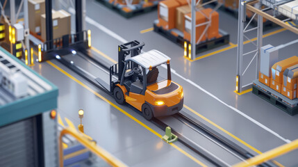 Schematic animation of a forklift's pathfinding algorithm, navigating obstacles in a busy warehouse,