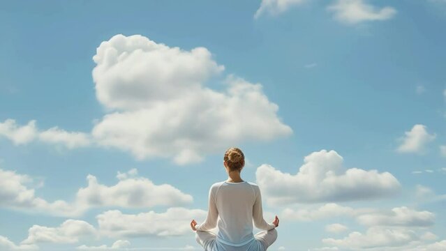 person meditating in lotus position against a serene sky filled with fluffy clouds, finding peace and tranquility in solitude