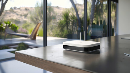 Sleek, minimalist design of a next-generation 5G router with a modern home backdrop, - obrazy, fototapety, plakaty