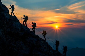 Silhouetted Climbers Ascending the Mountain at Sunset,Embodying the Triumph of Human Endeavor and Collective Perseverance