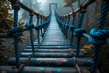 Traversing the Misty Suspension Bridge Through the Enigmatic Forest Landscape - obrazy, fototapety, plakaty