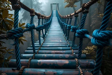 Schilderijen op glas Traversing the Misty Suspension Bridge Through the Enigmatic Forest Landscape © TEERAWAT