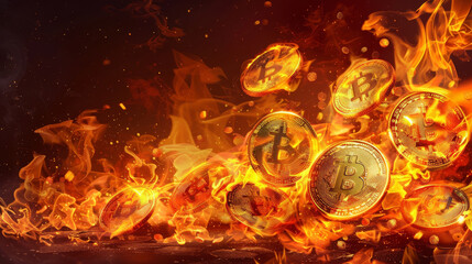Stylized representation of gas fees in cryptocurrency transactions, with flames consuming digital assets, - obrazy, fototapety, plakaty