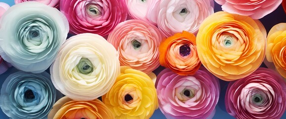 A serene view from above of a cluster of ranunculus flowers against a simple, colorful background, perfect for text overlay.
