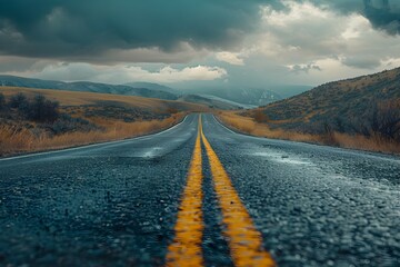 Treacherous road winds through rugged landscape,challenging us to confront obstacles and embrace the journey ahead with resilience and determination - obrazy, fototapety, plakaty