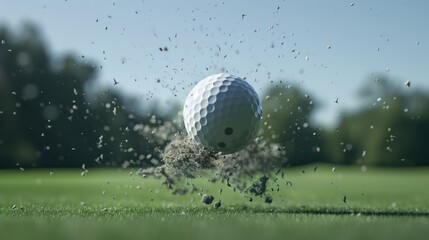 A golf ball suspended in mid-air after being struck by a driver, capturing the moment of impact.