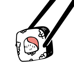 Vector illustration of holding salmon sushi maki roll with chopsticks isolated on white background