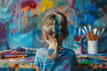 Colorful and creative art scene showcasing a young girl's talents and expression in a vibrant learning environment