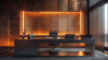 The highlight of a home office is a custommade desk made of perforated metal with strategically p recessed lighting to illuminate the intricate patterns and textures of the metal. . - obrazy, fototapety, plakaty