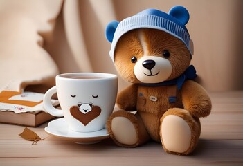 3D sick teddy bear in blue hat with a cup of hot tea, get well soon - obrazy, fototapety, plakaty