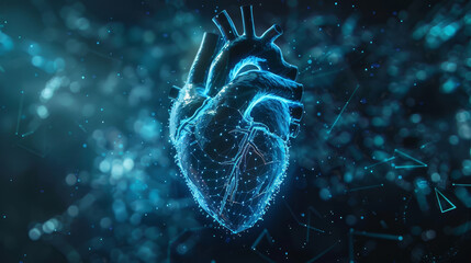 Visualization of a cybernetic heart, with blue digital pulses beating in rhythm with technological life,