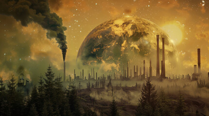 Visualization of a planet's desperate gasp for air, as forests shrink and factory chimneys multiply, belching out dark smoke, - obrazy, fototapety, plakaty