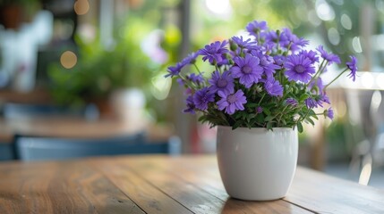 White vase purple flowers wooden table