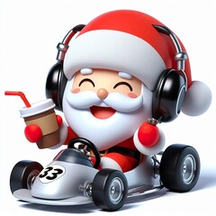 Cute character 3D image of a Santa playing Kart racing, funny, happy, smile, white background
