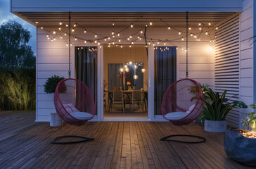 A modern terrace with hanging chairs, a dining table and string lights, a wooden floor, white walls, pink and red outdoor furniture, a white slat wall on the right side of an open door leading to a ho - obrazy, fototapety, plakaty