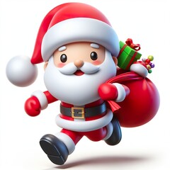 Cute character 3D image of a Santa Claus running with the bag, funny, happy, smile, white background