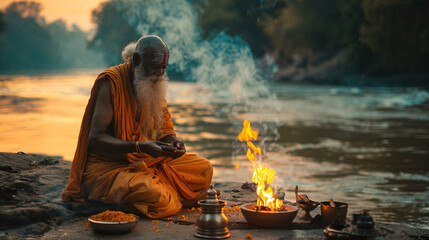A priest performing puja in front of a river.