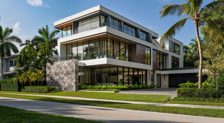 Modern twostory villa with large glass windows, white walls and black tiles on the roof. The front of the house is overlooking green lawns and palm trees in tropical climate area