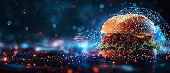 A burger kept in a dark technological backdrop with lots of connections lines in it with a big space for text or product, Generative AI.