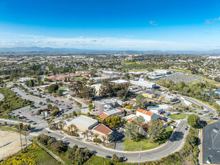 Aerial view of Miracosta public community college serving coastal North San Diego County in Oceanside California with parking lot for students