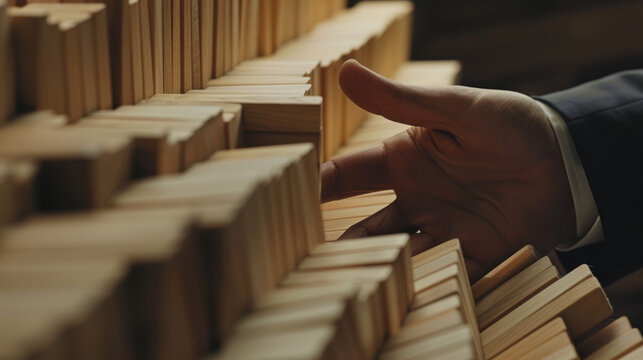 A person's hand is carefully choosing a book from a neatly organized wooden bookshelf, depicting knowledge and choice