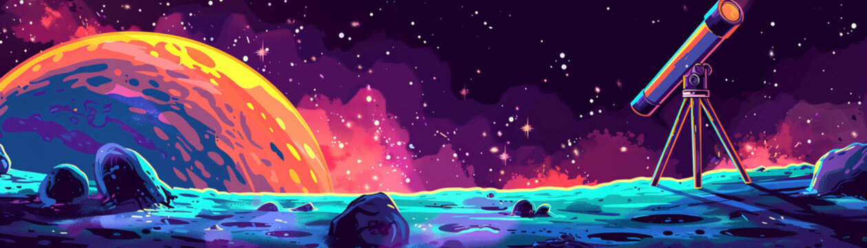 A colorful space scene with a telescope on the ground