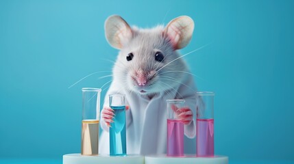 Rat scientist in a white coat of a medical laboratory assistant holds in his paw a flask with a research experimental drug development