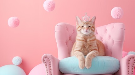 The greatest red queen of cats with a crown on her head sits importantly and with dignity on a soft pink throne. On pink background with soft pompons - obrazy, fototapety, plakaty