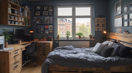 Interior design small compact bedroom in rich blue tones with a wooden bed and a desk. Many paintings and photos on the walls