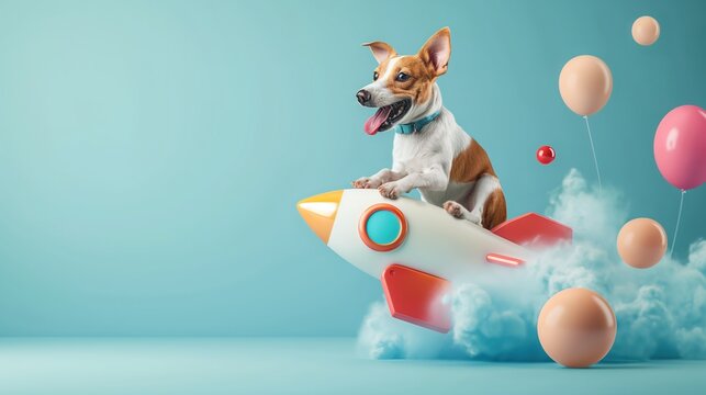 A dog flies on a rocket into space. Cosmonautics Day, space dog, quick start, animal astronauts. First dog in space