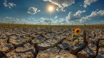 dry land cracks and breaks, plants wither and die, scorching sunlight radiates from the blue sky, Ai Generated Images