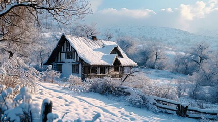 "A house standing in the snow."