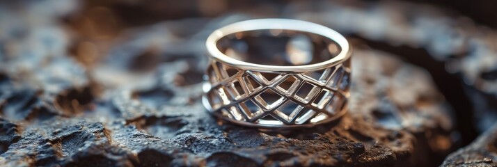 Elegant 925 sterling silver ring design on a soft backdrop. A luxurious and intricately designed ring stands out against a creamy, soft background, bathed in gentle light - obrazy, fototapety, plakaty