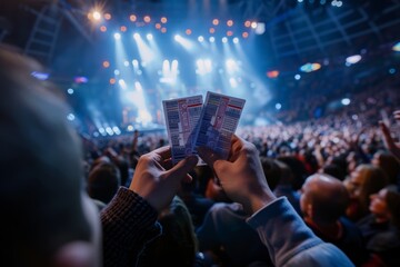A crowd of concert-goers enthusiastically holding up tickets while enjoying the event - obrazy, fototapety, plakaty