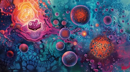 Vibrant and colorful depiction of the initiation of life as cells swim towards the egg highlighting the incredible journey of fertilization. - obrazy, fototapety, plakaty
