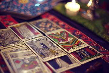 Numerous playing cards spread out on a table, showcasing various suits, numbers, and designs