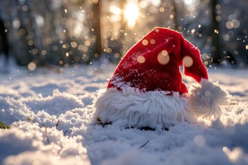 A fluffy stuffed animal wearing a festive Santa hat sits in the snowy winter landscape - obrazy, fototapety, plakaty