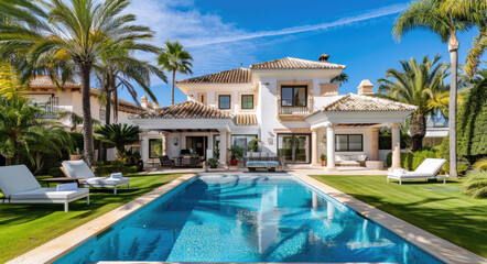 A beautiful, luxurious villa in Marbella with an outdoor pool and palm trees against a background of blue sky. The house has white walls and beige roof tiles. 