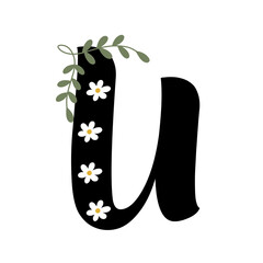 Font a-z, flower theme, 'U' isolated on white background