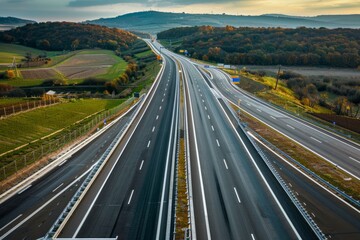 Overhead view of a new, empty highway with multiple lanes in a rural setting