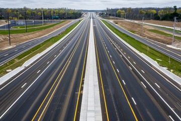 A new and empty highway with several lanes seen from above, showcasing the roads design and layout - obrazy, fototapety, plakaty