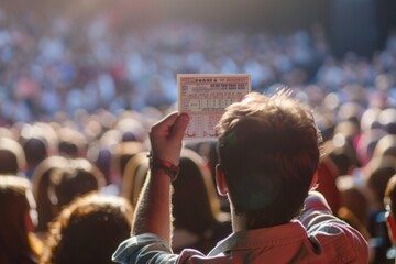 A man stands in front of a crowd, energetically holding up a ticket as people around him look on - obrazy, fototapety, plakaty