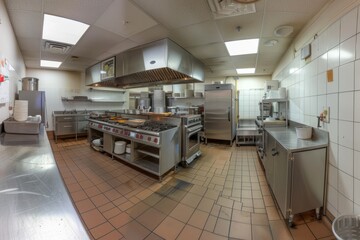 A commercial kitchen filled with various stainless steel appliances viewed from the entrance