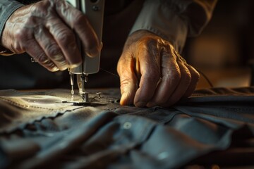A man is focused on working with a sewing machine to stitch a piece of cloth - obrazy, fototapety, plakaty