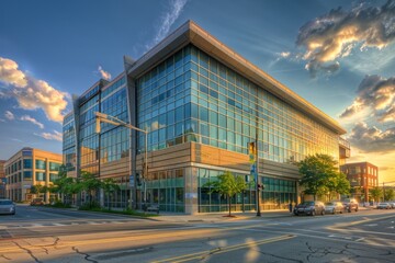 A modern office building towering alongside a road, showcasing contemporary architecture in an urban setting