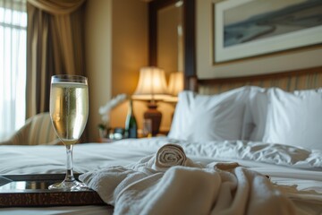 A glass of red wine placed on top of a neatly made bed in a hotel room