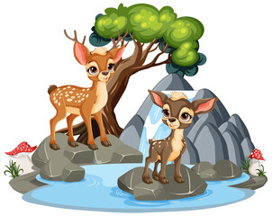 Two cute deer fawns near a small waterfall and pond - 781034774
