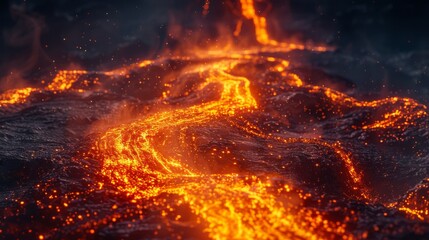 Molten Lava Streaming through a Rugged Terrain

