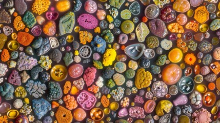 Fototapeta na wymiar A collage of various types of pollen grains each one distinct in size shape and texture forming a colorful and diverse microscopic