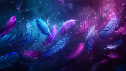 Fototapeta na wymiar Magical Feathers Floating in Mystical Purple Space 